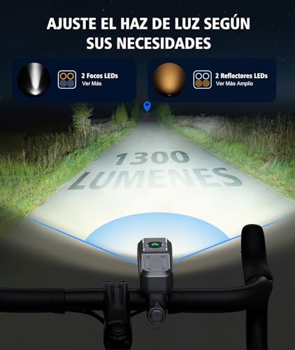 Babacom Luces Bicicleta Delantera y Trasera 1300 Lúmenes, [8+6 Modos] & [Foco+Foco de Inundación Leds], Impermeable USB Recargable Luz con Carcasa Metálica - imagen 5