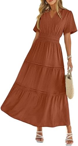 Simplee Womens Summer Casual Maxi Dress Short Sleeve V Neck Elastic Waist A Line Flowy Beach Long Dresses with Pockets — Orange