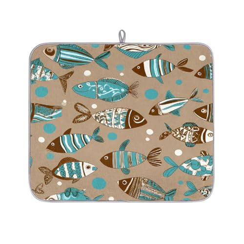 Tapete de secado de platos bohemio verde azulado sobre marrón para encimera de cocina, tapete escurridor de platos absorbente, lavable para escurridores de encimera, 46 x 41 cm