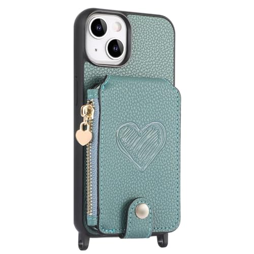 Étui pour iPhone 15 ENILSA en cuir litchi bleu clair avec bandoulière fente carte et portefeuille