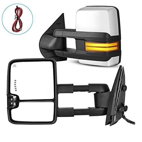AUTOSAVER88 Towing Mirrors Compatible with 2007-2014 Chevy Silverado Tahoe Suburban, GMC Sierra Yukon, Switchback LED Tube Turn Signal Light Power Heated Telescoping Tow Mirrors Pair Set-Chrome