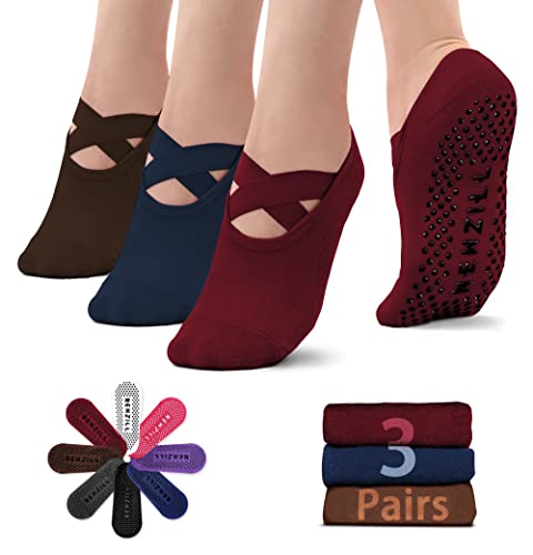 Image of NEWZILL Non Slip Yoga Socks for Women, Grips Socks with Cushion for Pilates Barre Ballet Dance Hospital (3 Pairs)