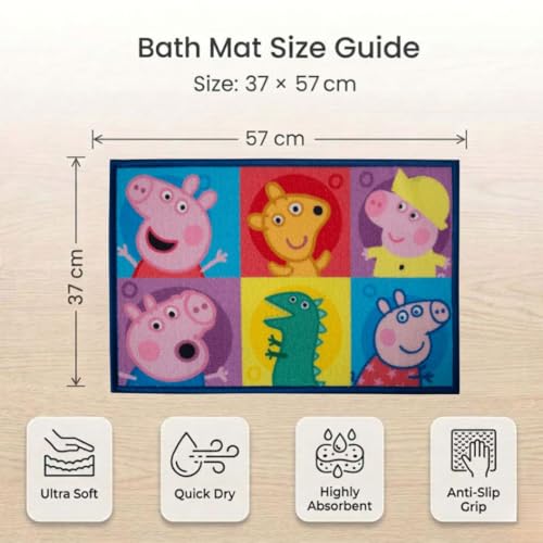 Image of Athom Living Peppa Pig Kids Bathmat - Multi-Colour Nylon, Anti-Skid with Durable Latex Backing, Fun Superhero Design, Easy to Clean, Perfect Entryway or Playroom Mat, 37x57 cm, Pack of 1
