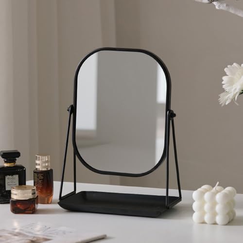 Hosoncovy Metal Frame Desktop Mirror with Stand Tabletop Makeup Mirror with Storage Tray Free Standing for Bathroom Bedroom (Black)