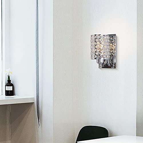 Image of Crystal Wall Sconce with Chrome Finish (Set of 2) Modern Concise Style Wall Light Fixture Polyhedral Opal Crystal Shade for Bath Room Bed Room LED Bulb(not Include)