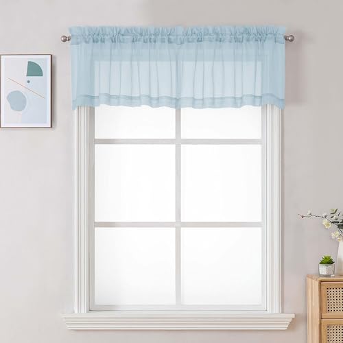 Image of Chyhomenyc Sky Blue Sheer Valances for Windows - Light Filtering Small Kitchen Curtains, Rod Pocket Short Top Window Treatment Decor for Living Room Bathroom Basement, 42Wx16L inches, 2 Panels