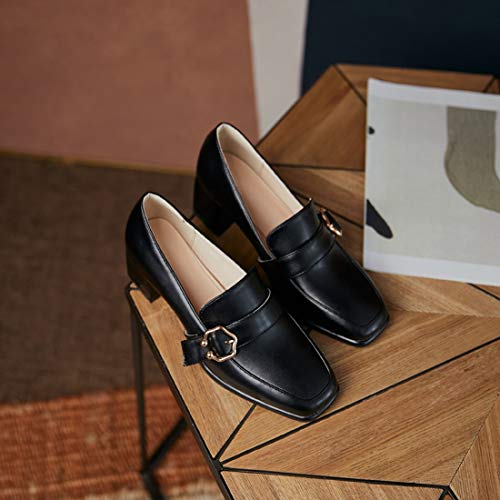 VOKLIN Women's Fashion Buckle Square Toe Dress Pumps Slip On Chunky Block High Heel Work Office Pump Shoes2