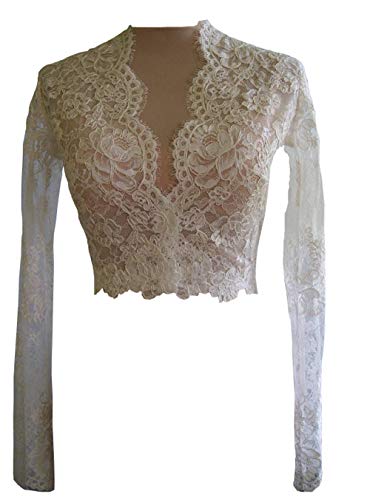 V-neck Lace Jackets Dresses For Women Poet Long Sleeve Jacket Wedding Bolero Ivory 2