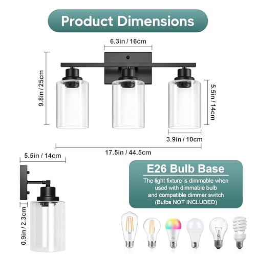 Image of Ascher Bathroom Light Fixtures, 3-Light Vanity Light Over Mirror, Matte Black Wall Sconces with Clear Glass Shades, Wall Lamp for Living Room Bedroom, E26 Base(Bulbs Not Included)