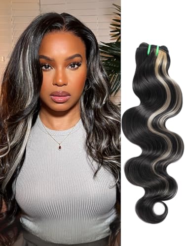 AUROO Black With Blonde Highlight Body Wave Single Bundles Human Hair 16 In, Blonde Highlight Skunk Stripe Bundles Thick Track Sew In # F1B/613 Ombre Balayage Colored Brazilian Quick Weave Sew In Remy