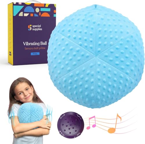 Special Supplies Vibrating Ball Pillow Sensory Pressure Activated for Kids and Adults, Plush Minky Soft Cover with Textured Therapy Stimulation Bumps, 3 Vibration Modes, Music & Voice Recording- Blue