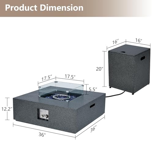 2-Piece Outdoor Propane Firepit Table Set w Tank Table, 36 in Square Gas Fire Pit Table w 16 in Tank Side Table, 50000 BTU Gas Firepit Table w Removable Lid, Wind Guard, Blue Glass Rocks, Rain Cover