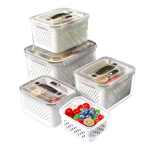 5 PCS Fresh Food Storage Containers with Lids Airtight Vent Handle, Fridge Containers Organizers For Microwave Dishwasher Safe, Keep Fruits Veggie Food berries Fresh Leakproof Kitchen Organisers