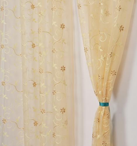 Image of Fabrilia Floral Pattern Embroidery Tissue Net Sheer Transparent Curtains for Door 9 feet Long Set of 2, Cream