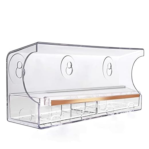 LUJII Window Bird Feeder with Strong Suction Cups and Slid Seed Tray, for Wild Birds, Anti-Shock Anti-Pressure Very Strong, Rounded Corners Very Safe. Drain Holes, 5 Suction Cups, Great Gift (Golden)