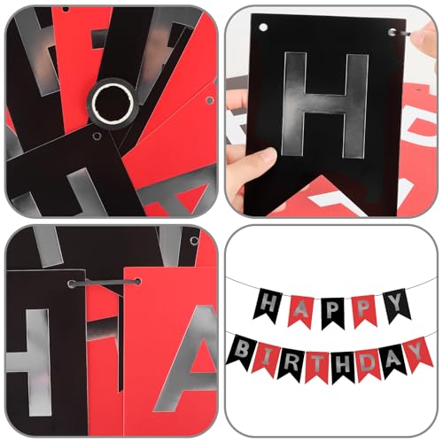 Image of Hooqict Happy Birthday Banner Red Silver Black Happy Birthday Decorations for Kids Men Women Black Party Banner Decorations Supplies Wall Door Garland Sign Bunting Flag