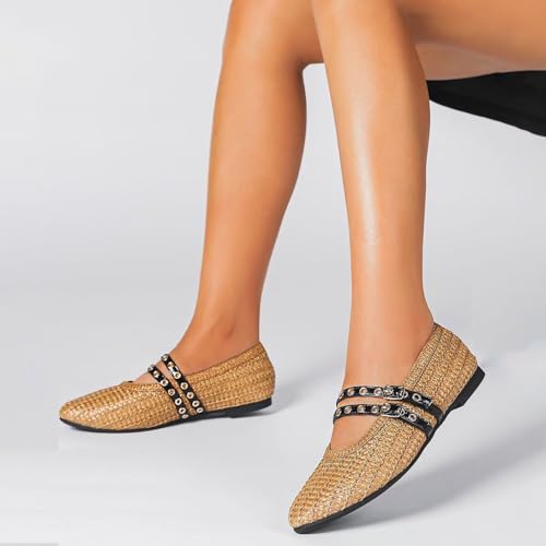 Agodor Raffia Woven Ballet Flats for Women Mesh Mary Jane Flat Round Toe Adjustable Double Buckle Strap Comfort Mesh Ballerina Shoes4