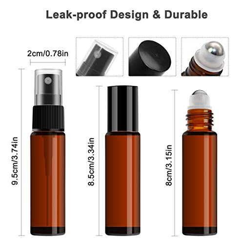 Massugar Essential Oil Roller Bottles 24 Pack 10Ml Amber Glass Roller Bottles For Essential Oils Roll On Bottles With Roller Balls (4 Sprays, 24 Labels, 3 Droppers, 6 Extra Roller Balls, 2 Openers) #TOP2