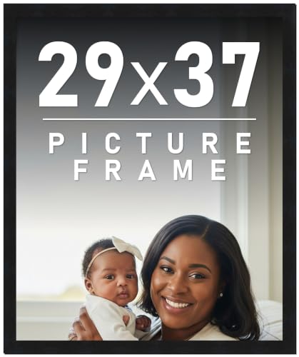 29x37 Frame Black Picture Frame - Complete Modern Photo Frame Includes UV Acrylic Shatter Guard Front, Acid Free Foam Backing Board, Hanging Hardware Wood Wall Frames for Family Photos - no Mat