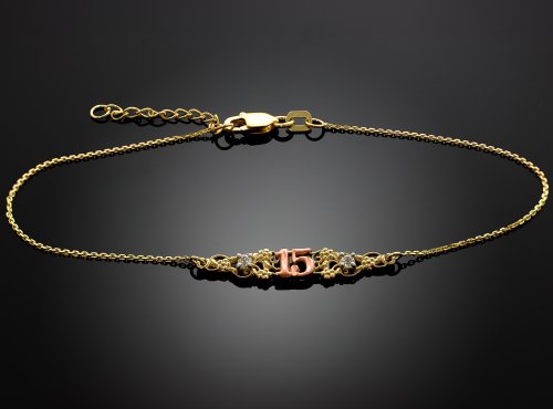 14k Tri-Color Gold Sweet 15 Anos Quinceanera Bracelet, 7" With 0.5" Extension2