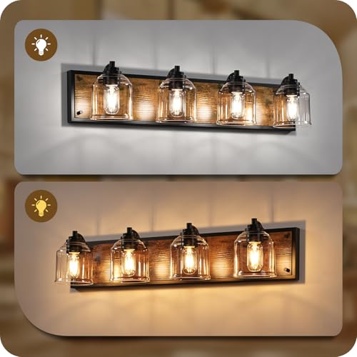 Image of 4-Light Bathroom Fixture, 31.5 inch Large Farmhouse Vanity Light, E26 Base (Bulbs Not Included), Thickened Glass Shade, for Bathroom, Bedroom, Vanity, Hallway, Rustic Brown and Black F18BD05