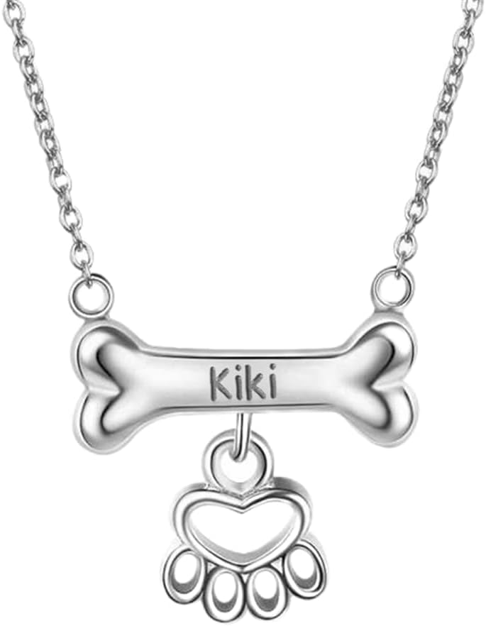 Personalized 925 Sterling Silver Dog Bone Name Necklace with Paw Pendant Custom Pet Nameplate Necklace