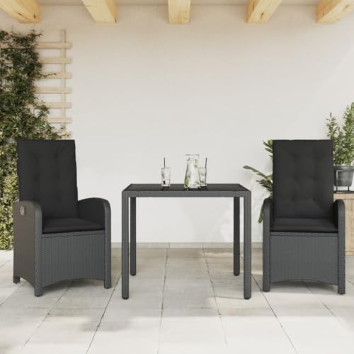 Bucmath - Salón de jardín (3 piezas, poliratán negro, con sillas ajustables, mesa de cristal, resistente a los rayos UV y a la intemperie, para terraza y balcón