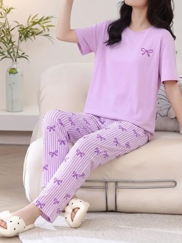 Image of SHIENZY Women Korean Style Night Suit | Round Neck Short Sleeve Cute Printed Cotton Pajama Set for Girls & Women | Soft Nightwear, Loungewear, Sleepwear for Women | Full Pyjama Set | Co-ord Set