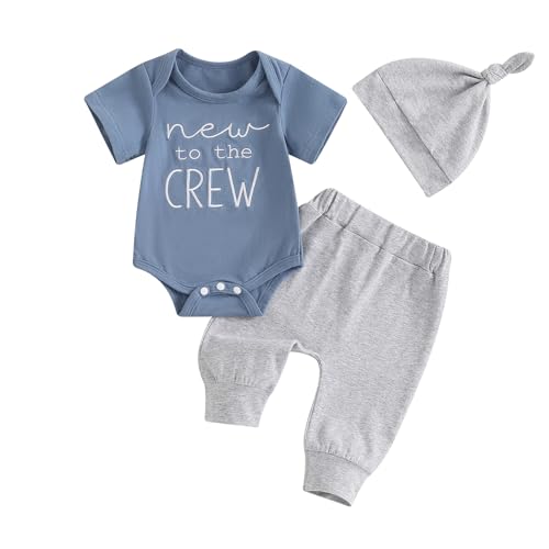 Image of Ursobutegl Newborn Baby Boy Girl Clothes New To The Crew Printed Romper Pants Set with Hat Coming Home Hospital Outfits