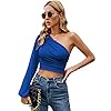 LYANER-Womens-Ruched-One-The-Shoulder-Lantern-Long-Sleeve-Crop-Blouse-Shirt-Top-Royal-Blue-Large LYANER Women's Ruched One The Shoulder Lantern Long Sleeve Crop Blouse Shirt Top Royal Blue Large