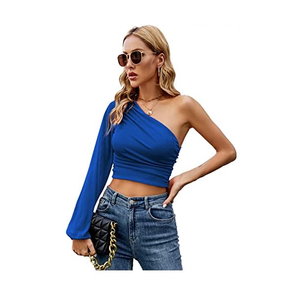LYANER-Womens-Ruched-One-The-Shoulder-Lantern-Long-Sleeve-Crop-Blouse-Shirt-Top-Royal-Blue-Large LYANER Women's Ruched One The Shoulder Lantern Long Sleeve Crop Blouse Shirt Top Royal Blue Large