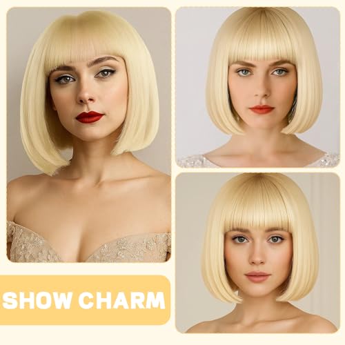 Blonde Wig, Short Blonde Bob Wig with Fringe for Women, Golden Synthetic Hair for Daily Fashion, Halloween, Christmas, and Cosplay, Adjustable Fit - Image 7