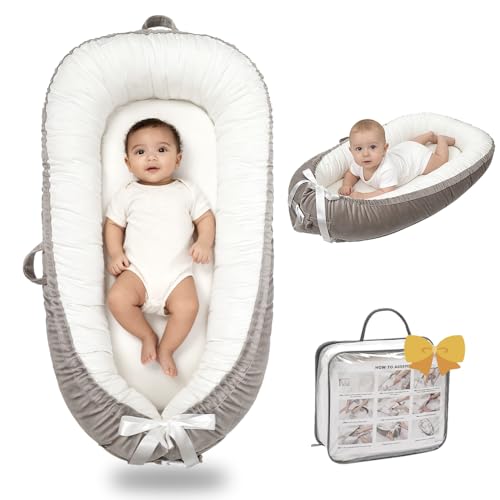 Image of Baby Lounger-Breathable and Soft Organic 100% Cotton, Portable Infant Lounger with Removable Lounger Cover, Floor Lounger for Newborn - Grey White