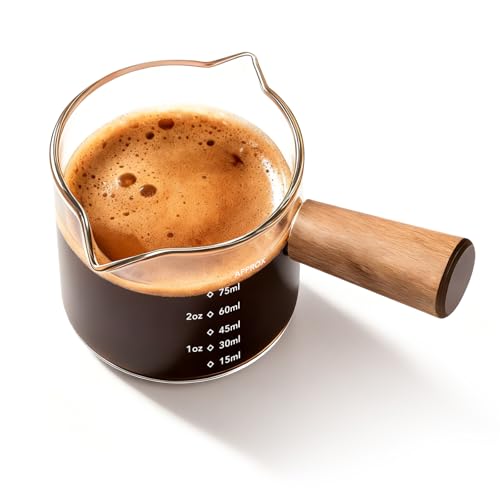YARRAMATE Espresso Cups with Wood Handle Clear Glass Espresso Accessories Measuring Cup with Dual Scale Espresso Shot Glass with V-Shaped Spout 3.4 OZ / 100 ML