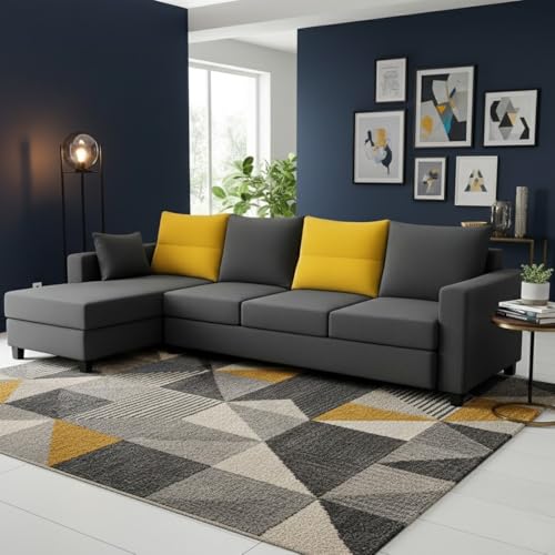 Image of CASASTYLE Texon 5 Seater Fabric LHS L Shape Sofa Set (Yellow-Dark Grey) Velvet Finish | Comfortable Sectional Sofa Set