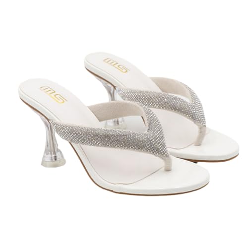 Women'S Rhinestone Clear Kitten Heel Flip Flops Slip On Sexy Transparent Stiletto Thong Sandals Round Open Toe Wedding Party Dress Heel Mule Sandals