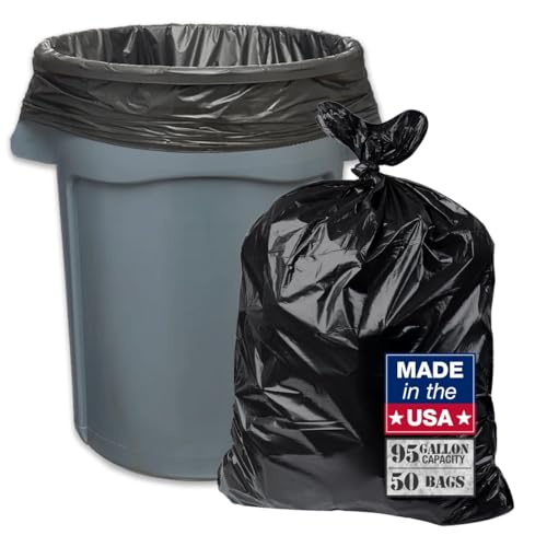 MaxiMite Bolsas de basura negras, bolsas de basura de 95 galones, 50 unidades, forros de servicio medio, bolsas de basura multiusos, ideales tanto para uso en interiores como exteriores, empaquetadas