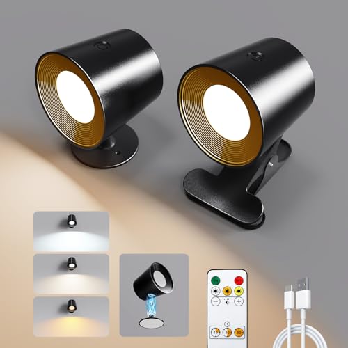 MEKKLEON Luzes LED montadas na parede com controlo remoto, apliques de candeeiro de parede com bateria recarregável, 3 temperaturas de cor e magnético regulável, luzes de parede sem fios (preto, 2)
