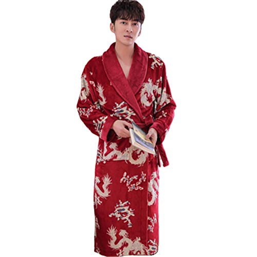 XBSLJ Roupão de banho para homem roupão de inverno para casal, roupão de flanela macio com estampado de dragão com bolsos e cinto mulher homem roupão grosso para casa, homem vermelho, M