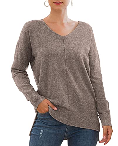 Yommay Ladies Lightweight Warm Breathable Jumper Trendy Knitted Long Sleeve Top Lightweight Comfortable V-Neck Sweatshirt for Women High-Low Hem Design,Brown,S Yommay Ladies Lightweight Warm Breathable Jumper Trendy Knitted Long Sleeve Top Lightweight Comfortable V-Neck Sweatshirt for Women High-Low Hem Design,Brown,S
