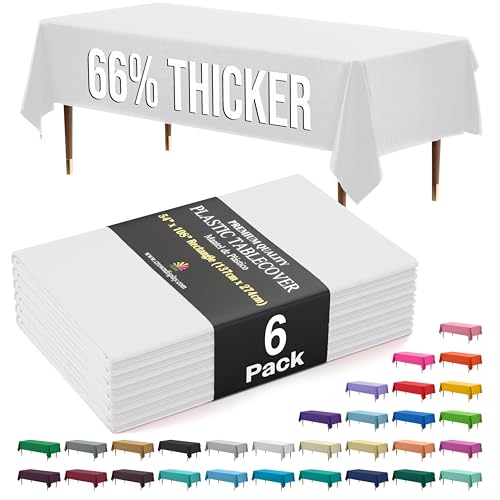 Party Solids 66% Thicker Premium Plastic Table Cloth Rectangle Table Cover 0.5 Mil 6 Pack White Table Cloth 54 Inch x 108 Inch Disposable Tablecloth Won't Tear Easily Like Cheap Thin Brands
