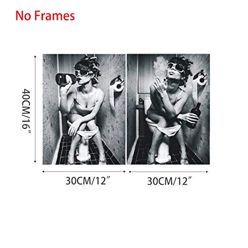 LSHDXD Woman in washing room on Toilet Print Wall Art Décor for Bathroom Toilet Cloakroom, Black and White Women in Bathroom Dressing Room Art Canvas Print Poster Pictures Paintings Murals,No Frame