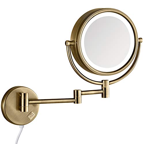 GURUN 8.5 Inch Magnifying Makeup Mirror with 3 Tones LED Lights,Double Sided Vanity Mirror for Bathroom 10X Magnification,Plug Powered M1809DK (Antique Brass/10X)