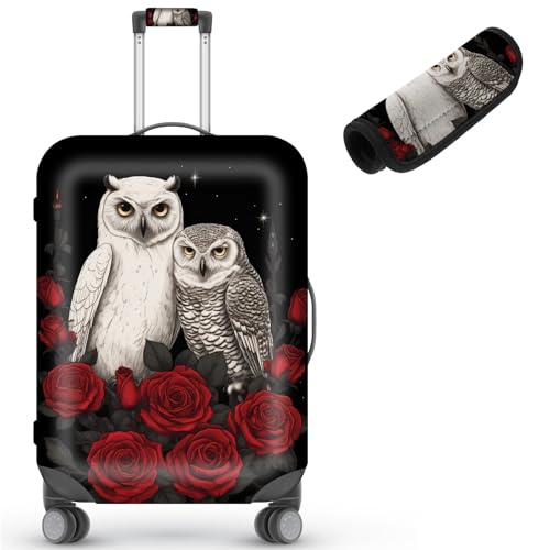 Luggage Cover with Luggage Handle Wrap,Suitcase Cover Washable Anti-scratch Elastic Zipper Baggage Protector Case Fits 25-28 inch,Red Flower Owl