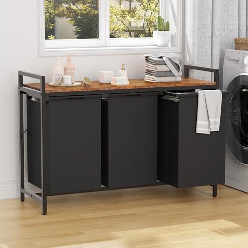 LOOBOV Panier à Linge 3 Compartiments, 3 x 50L Meuble Linge Sale sacs Intérieurs Amovibles et Coulissants, Structure en Métal, Marron Vintage et Noir (3 Compartiment- 150L)