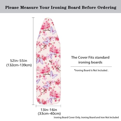 Image of Butterfly Cherry Blossoms Pattern Ironing Board Cover 15x54 Inch Standard Ironing Board Cover with Elastic Edge and Hook and Loop Fasteners Stain Resistant