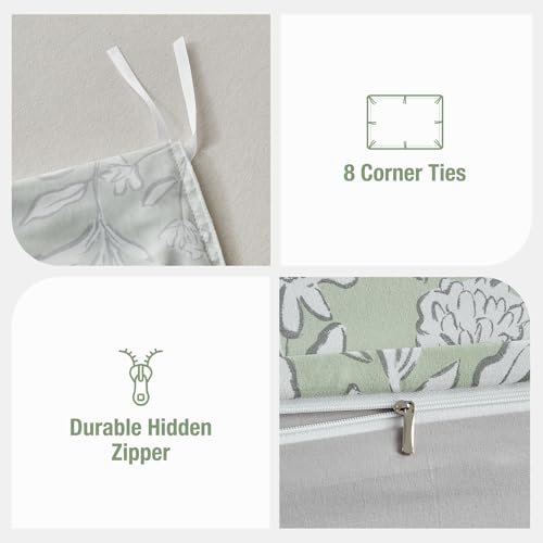Image of Lekesky Queen Size Duvet Cover Set, Reversible Duvet Cover Queen with White Floral Pattern, Lightweight Soft Microfiber Comforter Cover, 3 Pieces Green Bedding Set with Zipper and 2 Pillowcases