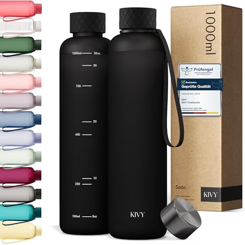 KIVY Tritan Trinkflasche 1l - Kohlensäure geeignet, Auslaufsicher, Bruchsicher, Federleicht - Trinkflasche Gym Flasche - Sporttrinkflasche Fitness Schwarz - Sportflasche 1 Liter