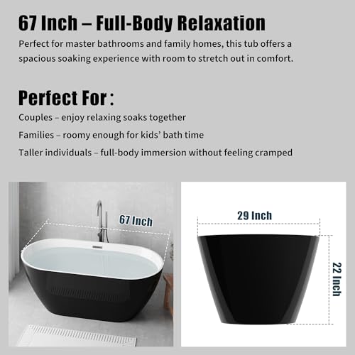 Image of 67 Inch Freestanding Bathtub Acrylic Black Soaking Tub with Integrated Overflow, Deep Soaking Free Standing Tub, Modern Stand Alone Tub for New Builds & Bathroom Remodels