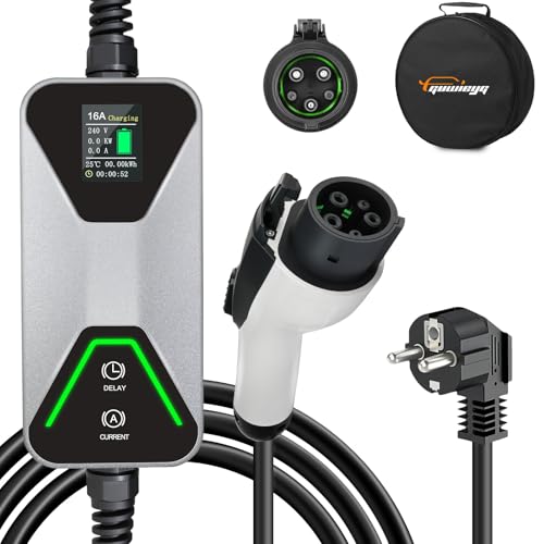 GUWIEYG Electric Car Charger, 3.5kW, 5M, Portable Electric Vehicle Charger Type 1 with Schuko Adapter, 6/8/10/13/16 A Adjustable with Digital Display, J1772